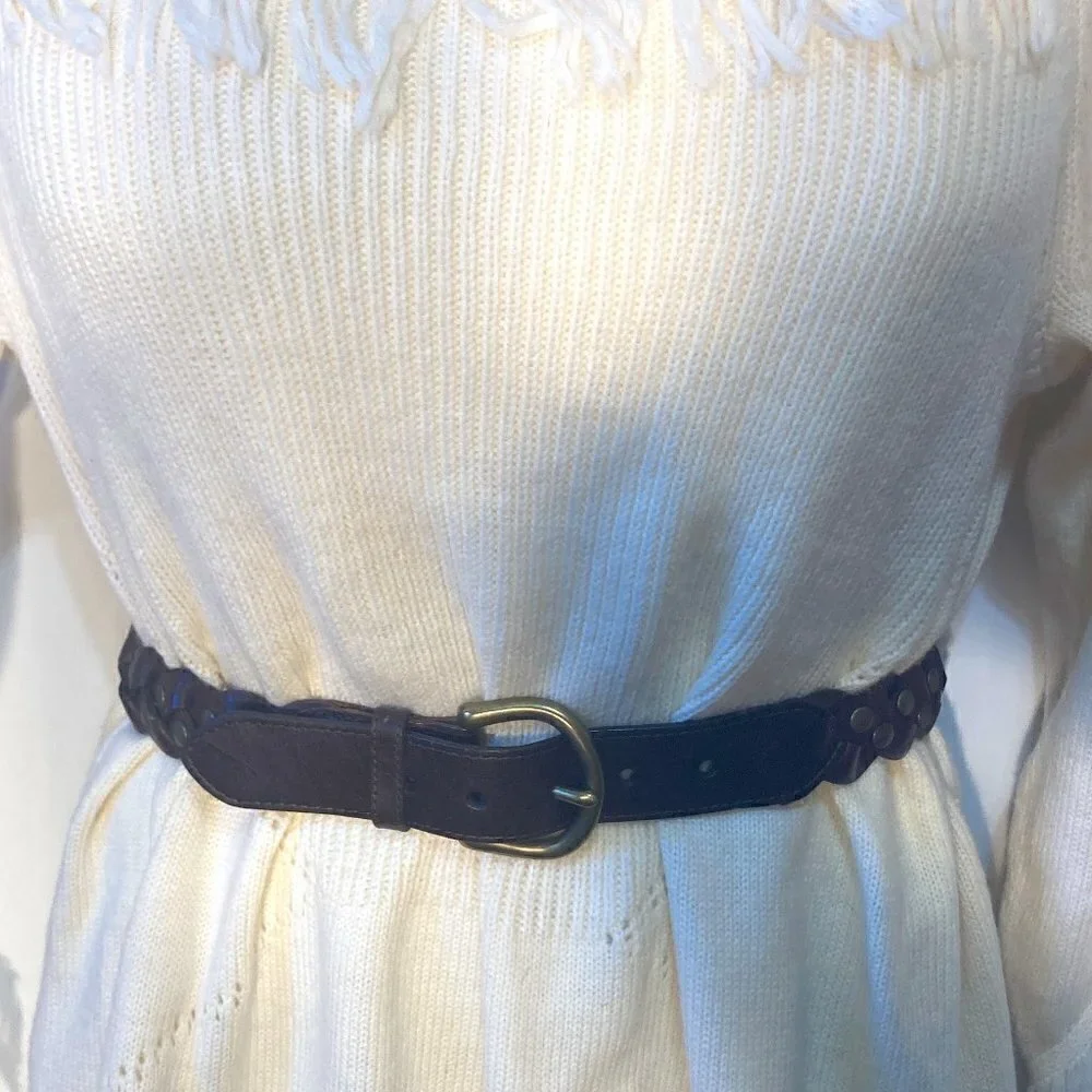 Brown Belt SZ S Braided leather with brass buckle & stud details